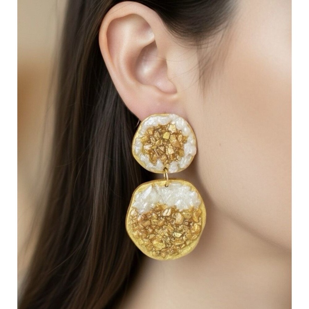 Faux Citrine Drusy Handmade Polymer Clay Dangle Earrings Stainless Steel Posts